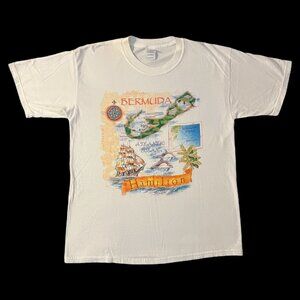 Vintage 90s Hamilton Bermuda Map Travel Destination White Graphic Tee Sz Large